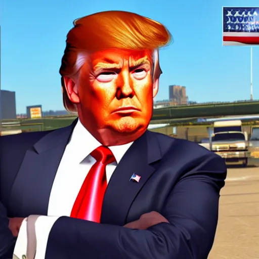 Image similar to donald trump as a GTA style character on a loading screen, 4k, high detail, high-resolution photograph, professional photography, ultra-detail