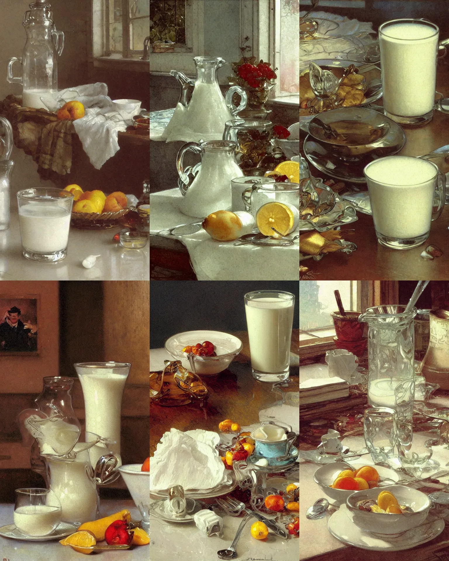 Prompt: close up still life of a glass of milk on the table in the morning, photo realistic illustration by greg rutkowski, thomas kindkade, alphonse mucha, loish, norman rockwell.
