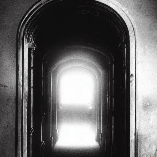 Image similar to dark old picture of a realistic gateway to hell, black and white, pictorialism