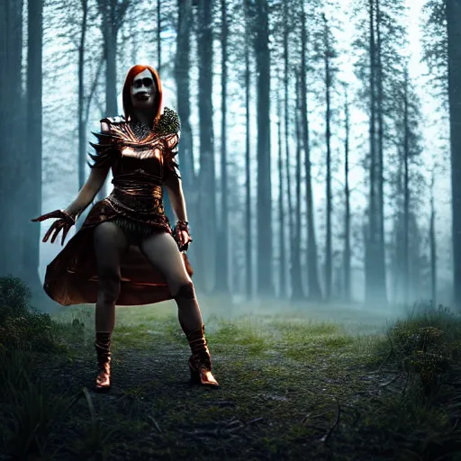 Image similar to highly detailed, ultra realistic, cinematic, woman full body with a copper nose and copper claws, high detail, 8 k, sharp focus, movie still, dramatic lighting, ray tracing, smooth, a female evil demonic character of kazakh mythology, jeztyrnak, standing in the night forrest