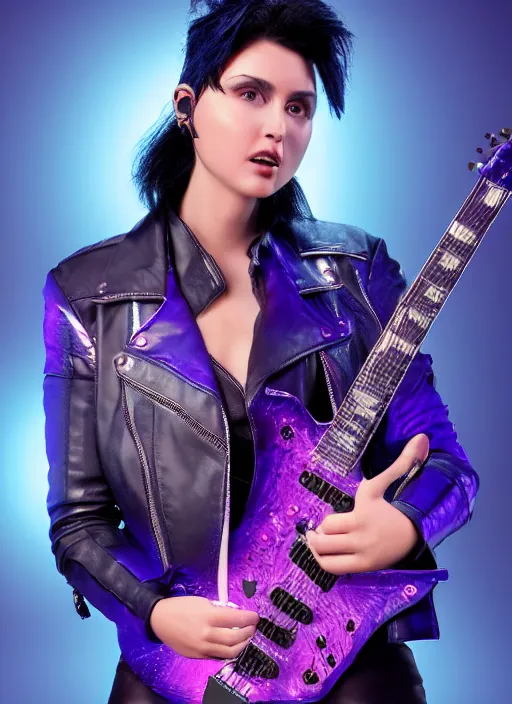 Prompt: woman with black hair and a open leather jacket playing electric guitar, intricate, highly detailed, purple and blue lighting, face enhance, trending on artstation, octane render