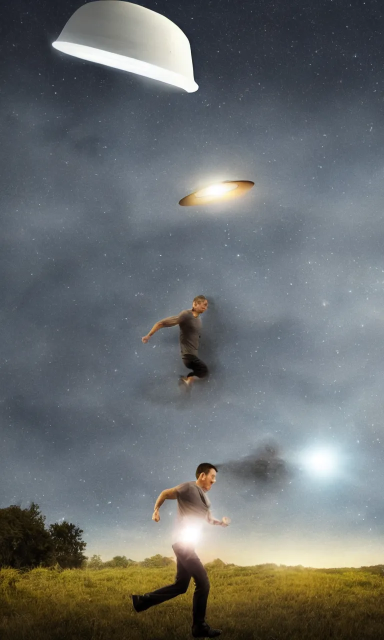 Image similar to a man is running from a ufo which is beaming up humans