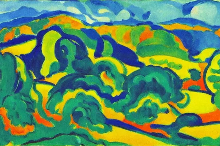 Image similar to Landscape painting. Wild energy patterns rippling in all directions. Curves, zig-zags. Organic. Mountains. Clouds. Vegetation. Rushing water. Waves. LSD. Fauvism. Emil Nolde. Matisse