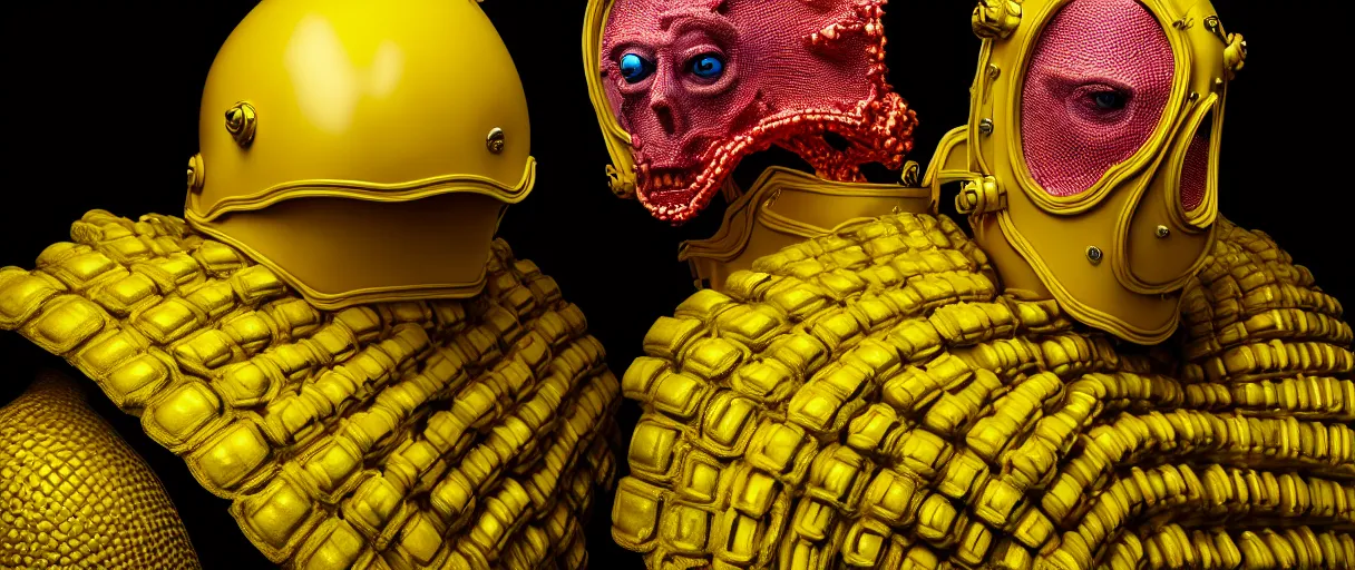 Image similar to hyperrealist highly detailed english medieval portrait of high fashion monster wearing car part yellow cab armor, radiating atomic neon corals, concept art pascal blanche dramatic studio lighting 8k wide angle shallow depth of field