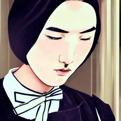 Image similar to full body painting of grumpy handsome thin beautiful man in his 2 0 s named min - jun in a french female maid outfit, modern clothing, elegant, clear, painting, stylized, delicate facial features, stylized thin lines, soft but grumpy, highly detailed, art, art by egon alphonse