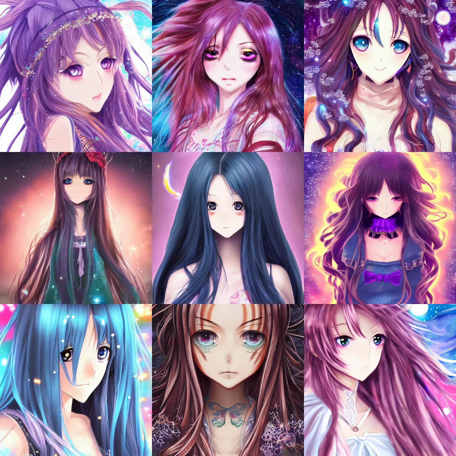 Prompt: anime girl with clothes with cosmic, magic long hair, beautiful and correct and high detail of the face, super - resolution, hsl, 2 - bit, vr, uniform, nano, senary, rtx, insanely detailed and intricate, hypermaximalist, elegant, ornate, hyper realistic, super detailed, full body, full body shot,