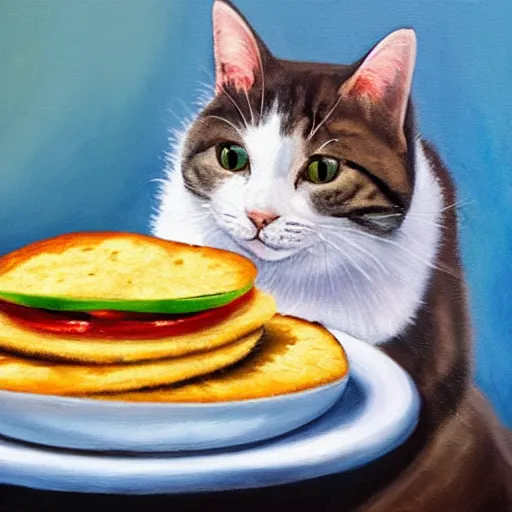 Prompt: A cute cat eating a Venezuelan arepa in the sun, detailed oil painting 4k