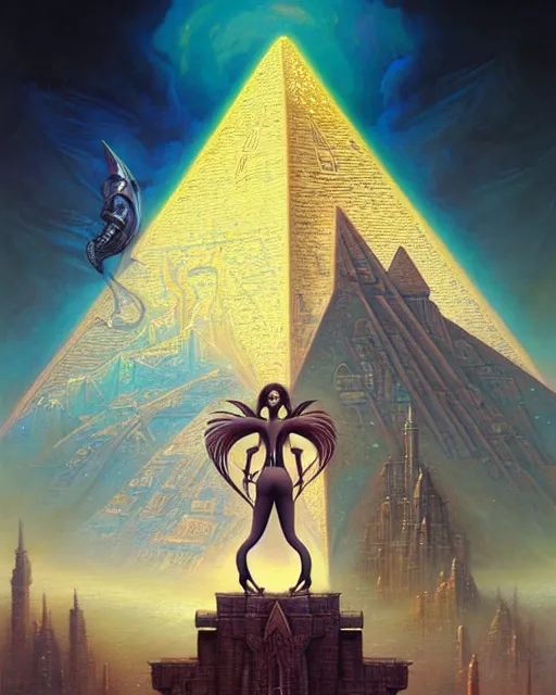 Image similar to a large pyramid made of pyramids and eyes fantasy character portrait, ultra realistic, wide angle, intricate details, blade runner artifacts, highly detailed by peter mohrbacher, boris vallejo, hajime sorayama aaron horkey, gaston bussiere, craig mullins