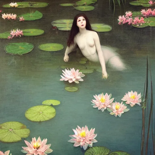 Image similar to a painting of a woman floating in a pond of water lillies, a photorealistic painting by liu jun, cgsociety, pre - raphaelitism, pre - raphaelite, deviantart, made of flowers