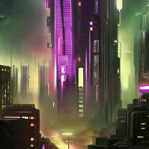 Image similar to blade runner city, high quality, cyberpunk, purple