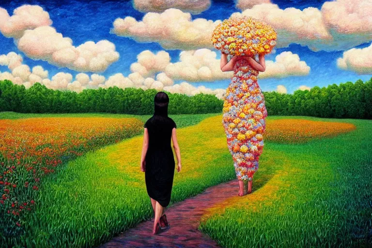 Image similar to giant flower head, woman walking, surreal, clouds in sky, impressionist painting, digital painting, artstation, rob gonsalves