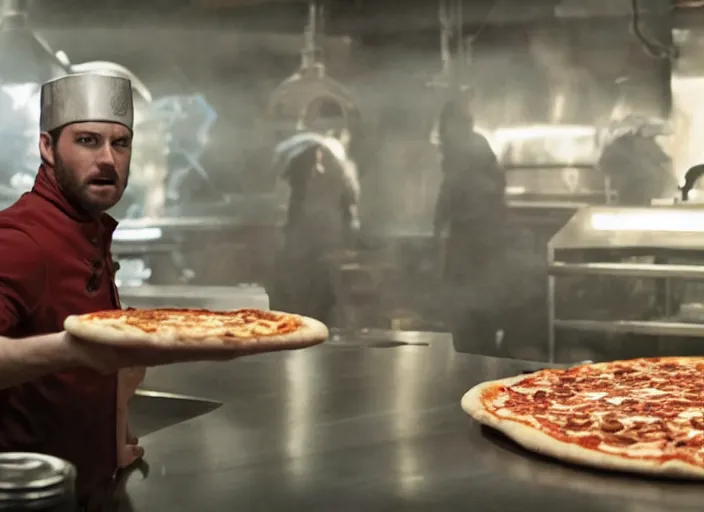 Prompt: film still of a dinosaur working in a pizza parlor making pizza in the new Avengers movie, 4k