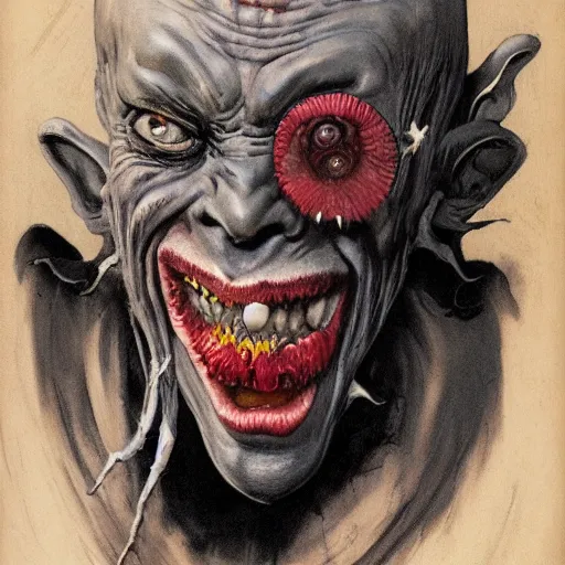 Prompt: horrific monster makeup grinning one-eyed grimpunk vile reprobate portrait portrait Cyclops Cyclops Polyphemus nosferatu with tombow norman rockwell greg rutkowski frank frazetta alexandre briclot Dave Dorman splatterpaint