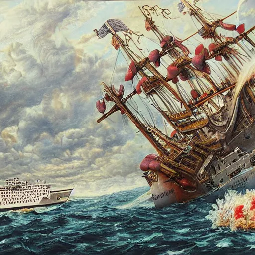 Prompt: hyper detailed painting of a ship being sunk by a giant octopus