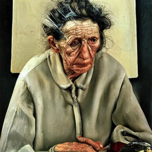 Image similar to Oil painting Portrait of a sad old Woman, by Lucian Freud, Abstract brush strokes, Masterpiece