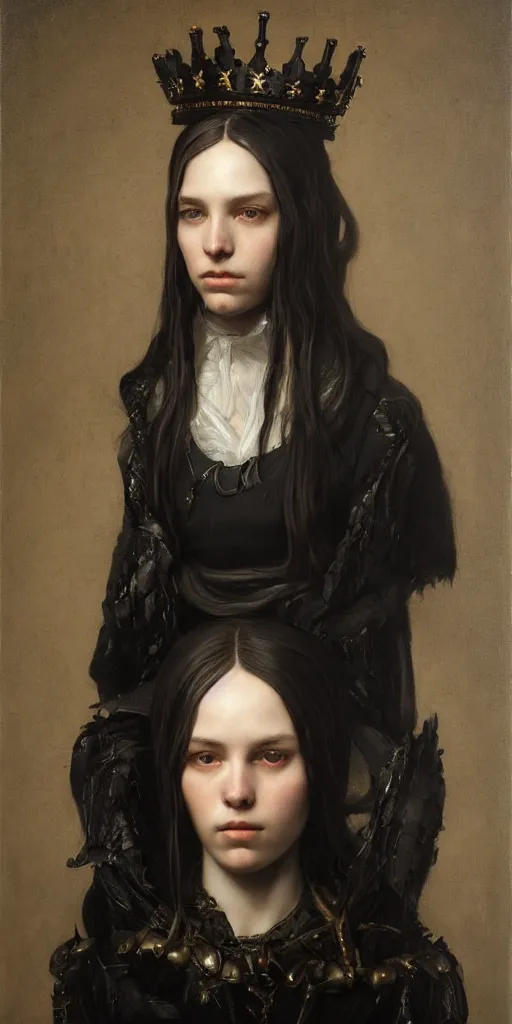 Prompt: the portrait of ( ( ( ( ( hunter schafer ) ) ) ) ) in black wax crown by roberto ferri, fantasy, witcher, very detailed oil painting, masterpiece, 8 k