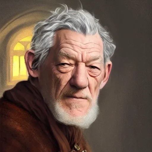 Prompt: Ian McKellen with goatee and glass as an old alchemist, fantasy concept art by J.Dickenson