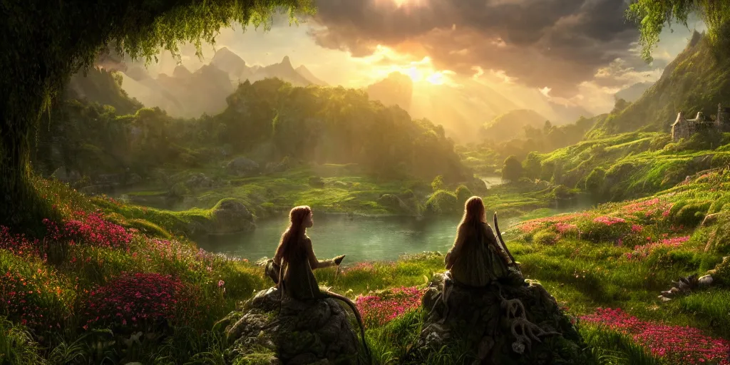 Image similar to a fairy in the lord of the rings scenery landscape, looking out at a vast lush valley flowers and homes made of mushrooms, mysterious ， stream, sunrise, wallpaper ， god's rays highly detailed, vivid color, cinematic lighting, perfect composition, 8 k, gustave dore, derek zabrocki, greg rutkowski, belsinski, octane render