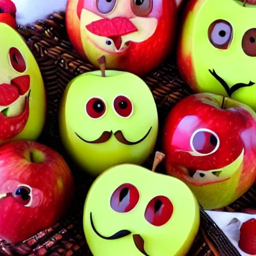 Prompt: anthropomorphic apples with mustaches and hats in a fruit basket