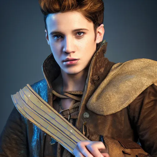 Image similar to a digital art close up portrait of young barnes courtney bard from fantasy world, handsome young man bard with lute character sheet, 4 k, ultra detail, volumetric lighting, unreal engine, octane render