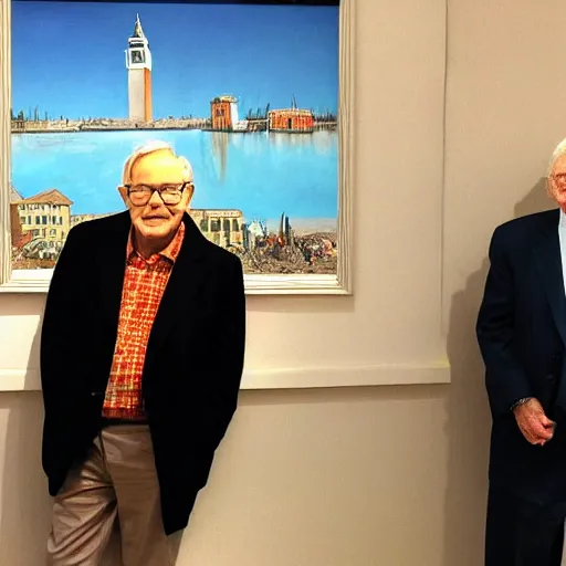 Image similar to A photograph of Warren Buffet standing next to a Banksy painting in Venice