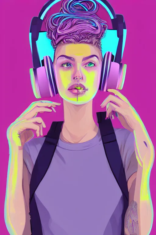 Image similar to a award winning half body portrait of a beautiful woman with stunning eyes in a croptop and cargo pants with ombre purple pink teal hairstyle listenin to music with headphones on her ears by thomas danthony, surrounded by whirling illuminated lines, outrun, vaporware, shaded flat illustration, digital art, trending on artstation, highly detailed, fine detail, intricate