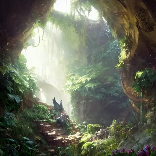 Image similar to Giant Cat resting in a cave, natural light, lush plants and flowers, elegant, intricate, fantasy, atmospheric lighting, by Greg rutkowski, league of legends splash art