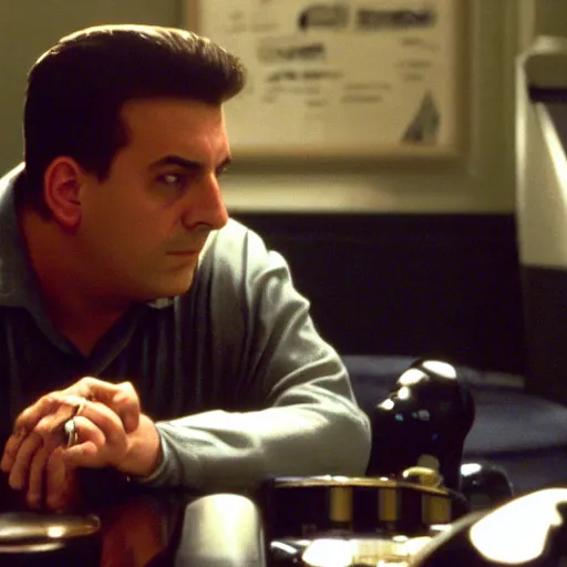 Image similar to Bender the Robot in the Sopranos (1999), highly realistic details, Tony in the background