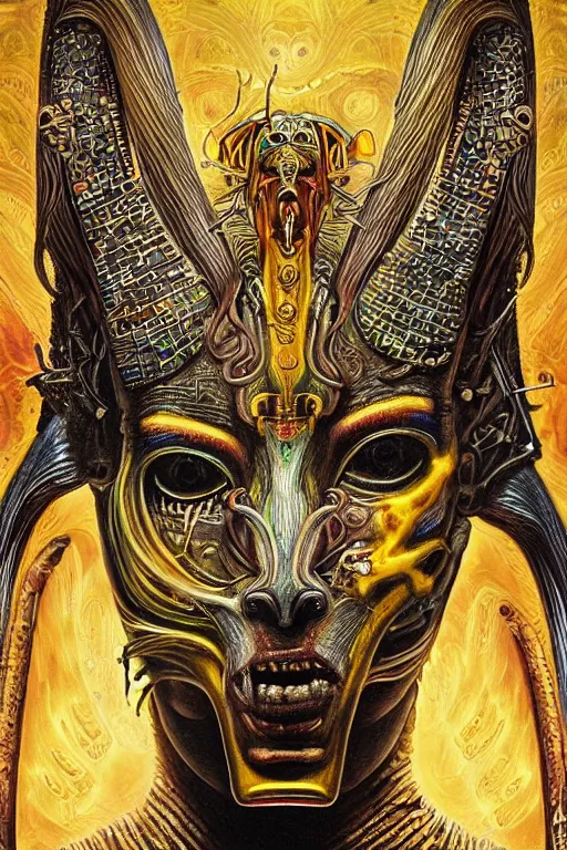 Image similar to Elden Ring and psychedelic themed painting of majestic chromatic biomechanical anatomical human demon Anubis pharaoh ceremonial bloodstained mask closeup face, golden ratio concept, Neo-Gothic concept, infinity hieroglyph waves, intricate artwork masterpiece, very coherent artwork, cinematic, full frontal facial features by Artgerm, art by H.R. Giger, Joseph Michael Linsner, Alex Grey, Johnatan Wayshak, Moebius, Ayami Kojima, very anatomically coherent artwork, trending on cgsociety, ultra high quality model, production quality cinema model, high detail chromatic ink outline, octane render, unreal engine 8k, hyper realism, high detail, octane render, unreal engine, 8k, High contrast