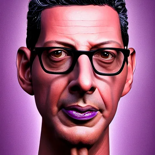 Image similar to close - up jeff goldblum face fused with violet plum ( ( lilac jeff goldblum's face ) ), jeff goldplum jeff goldblum sentient fruit, highly detailed, unreal engine, 3 d art, digital art, painting by greg rutkowski