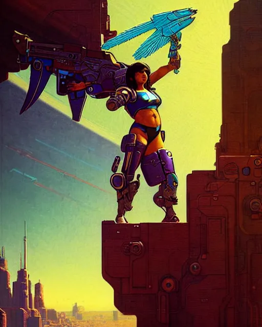 Image similar to pharah from overwatch, character portrait, portrait, close up, concept art, intricate details, highly detailed, vintage sci - fi poster, retro future, in the style of chris foss, rodger dean, moebius, michael whelan, and gustave dore