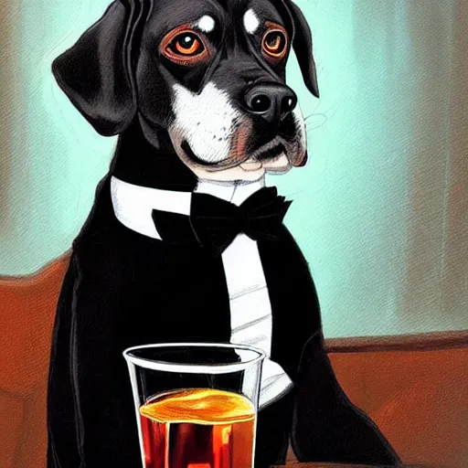 Image similar to a beautiful illustration painting of a dog in a tuxedo drinking whiskey in a dimly lit bar by Jerome Opeña featured on artstation, studio lighting, photorealistic digital art