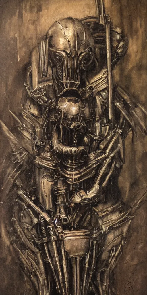 Image similar to a sinister loose brushwork photograph of a dieselpunk knight by h. r giger in the style of renaissance art, 8 k