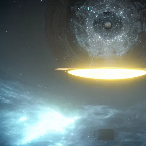 Prompt: a celestial black metal spaceship getting out of a golden intricate halo portal in the heavens, unreal engine 5