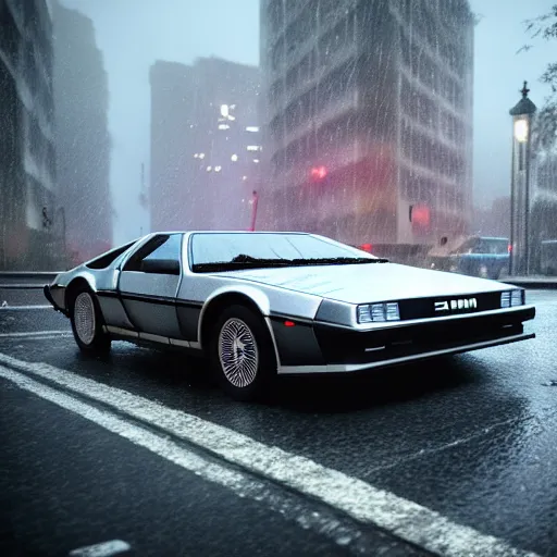 Image similar to hyperdetailed, photorealistic photograph of a dmc 1 2 delorean driving in the streets, rain, night, dense fog, hd, unreal engine 5