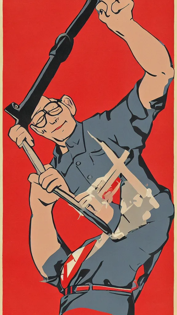 Prompt: Hank Hill holding a hammer and sickle, highly detailed Soviet propaganda poster, by Mikhail Balhjasnij