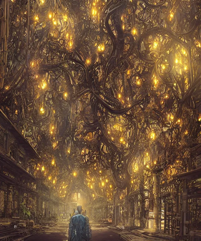 Prompt: a streeet view of wat rong khun by charlie bowater and art germ, rule of thirds, golden ratio, art nouveau! cyberpunk! style, mechanical accents!, mecha plate armor, glowing leds, flowing wires with leaves, art nouveau accents, art nouveau patterns and geometry, rich deep moody colors