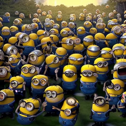 Image similar to POV of a dozen minions chasing you angrily. The minions are carrying torches and pitchforks. The minions are angry. concept art, sharp lighting, 4k, detailed, Peter Jackson, Ridley Scott, bright colors