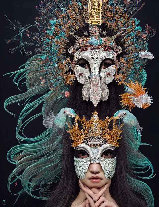 Image similar to goddess portrait with mask and crown made of ram skull. beautiful intricately detailed japanese crow kitsune mask and clasical japanese kimono. betta fish, jellyfish phoenix, bioluminescent, plasma, ice, water, wind, creature, super intricate ornaments artwork by tooth wu and wlop and beeple and greg rutkowski