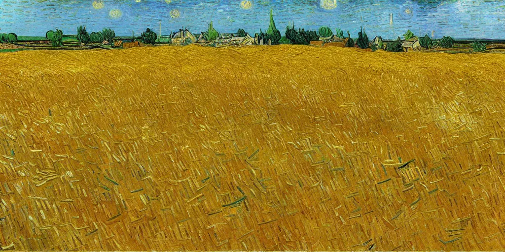 Image similar to golden wheat field, harvest, unreal, by vincent van gogh