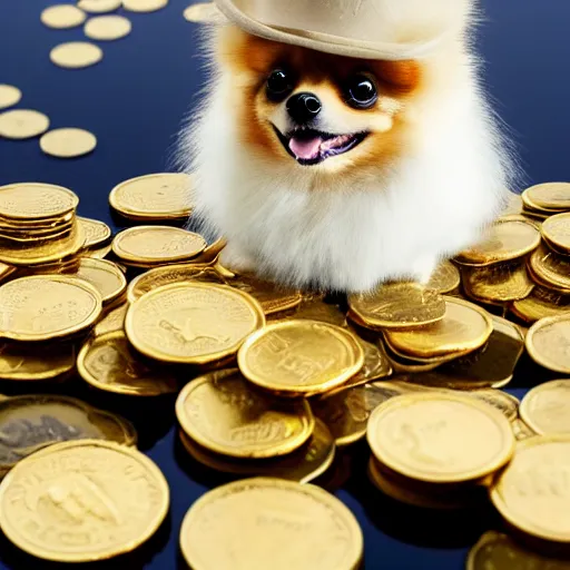 Prompt: A pomeranian wearing a top-hat, sitting on top of a large pile of gold coins