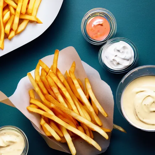 Image similar to photo of french fries with mayo on the side in the style of maximalism, product photo