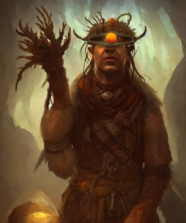 Prompt: Neolithic shaman wearing Virtual Reality set, prehistoric, semi realistic character concept art, character full body portrait painting, DeviantArt Artstation, by Jason Felix by Steve Argyle by Tyler Jacobson by Peter Mohrbacher, cinema
