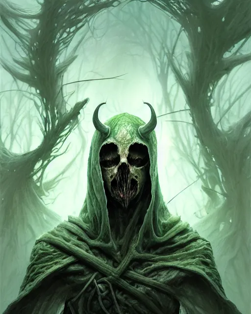 Image similar to concept art by artgerm, pestilence of the four horsemen of the apocalypse, soft green natural light, intricate, hooded death, fungus, highly detailed dark art, digital painting, artstation, concept art, smooth, sharp focus, illustration, art by greg rutkowski and luis rollo and uang guangjian and gil elvgren, symmetry!