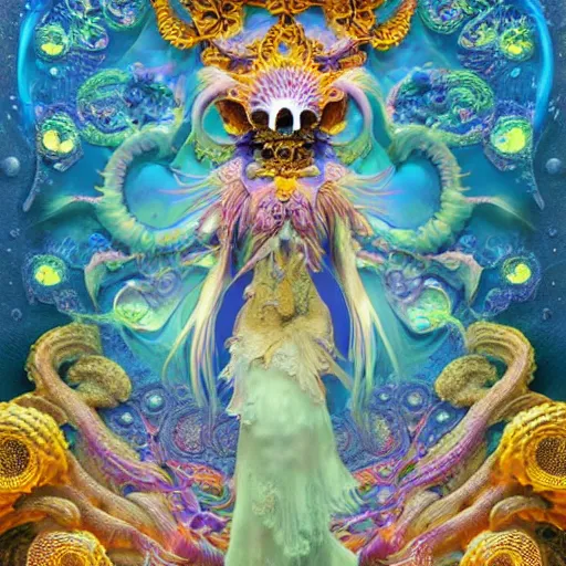 Prompt: 3 d muppet goddess frontal view full body, astral projection, with ram golden skull. beautiful intricately detailed japanese fractal kitsune mask and clasical japanese kimono. betta fish, jellyfish fractal, bio luminescent, plasma, ice, water, wind, creature, mandelbulb, fractal, artwork by tooth wu and wlop and beeple and greg rutkowski