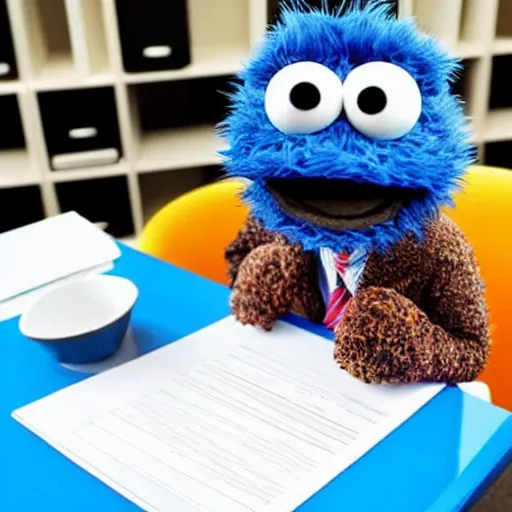 Prompt: Cookie Monster in an office, wearing a business suit at a desk with papers