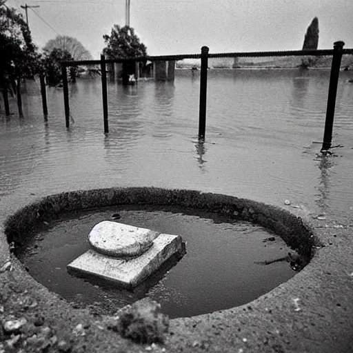 Image similar to The painting shows a grave that has been flooded with water. The grave is located in a cemetery in Italy. The water in the grave is dirty and there is trash floating in it. The grave is surrounded by a fence. by Paul Strand, by Gabriel Dawe curvaceous