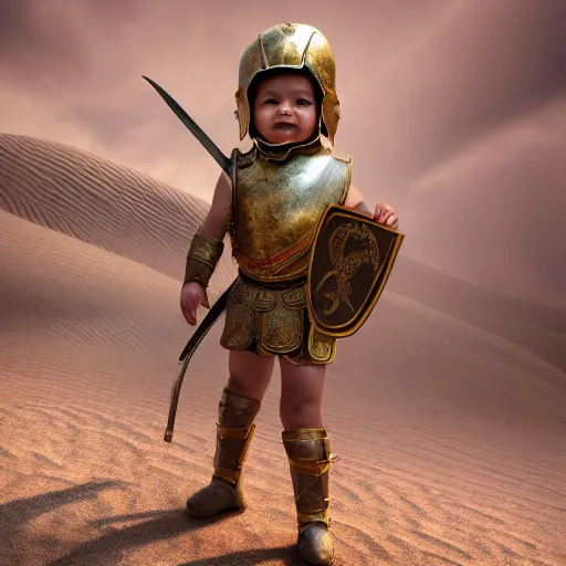 Prompt: cinematic shot of a cute baby wearing ancient roman armor and holding a sword in a desert, 8 k, very detailed, very intricate,