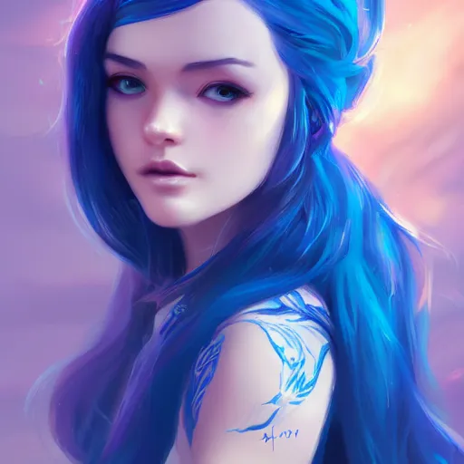 Image similar to teen girl, blue hair, gorgeous, amazing, elegant, intricate, highly detailed, digital painting, artstation, concept art, sharp focus, illustration, art by ross tran