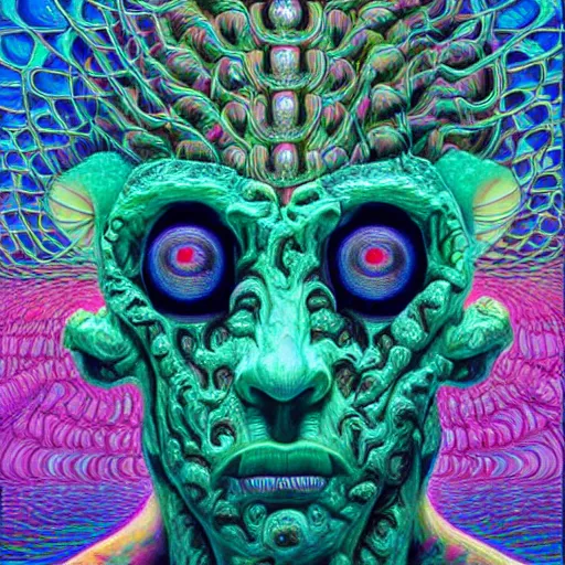 Image similar to hypercomplex floating horror head made out of blocks, submerged with psychedelic phantoms in fluid, horror art, surrounded by lush flora, by alex grey and lisa frank and karol bak and giger